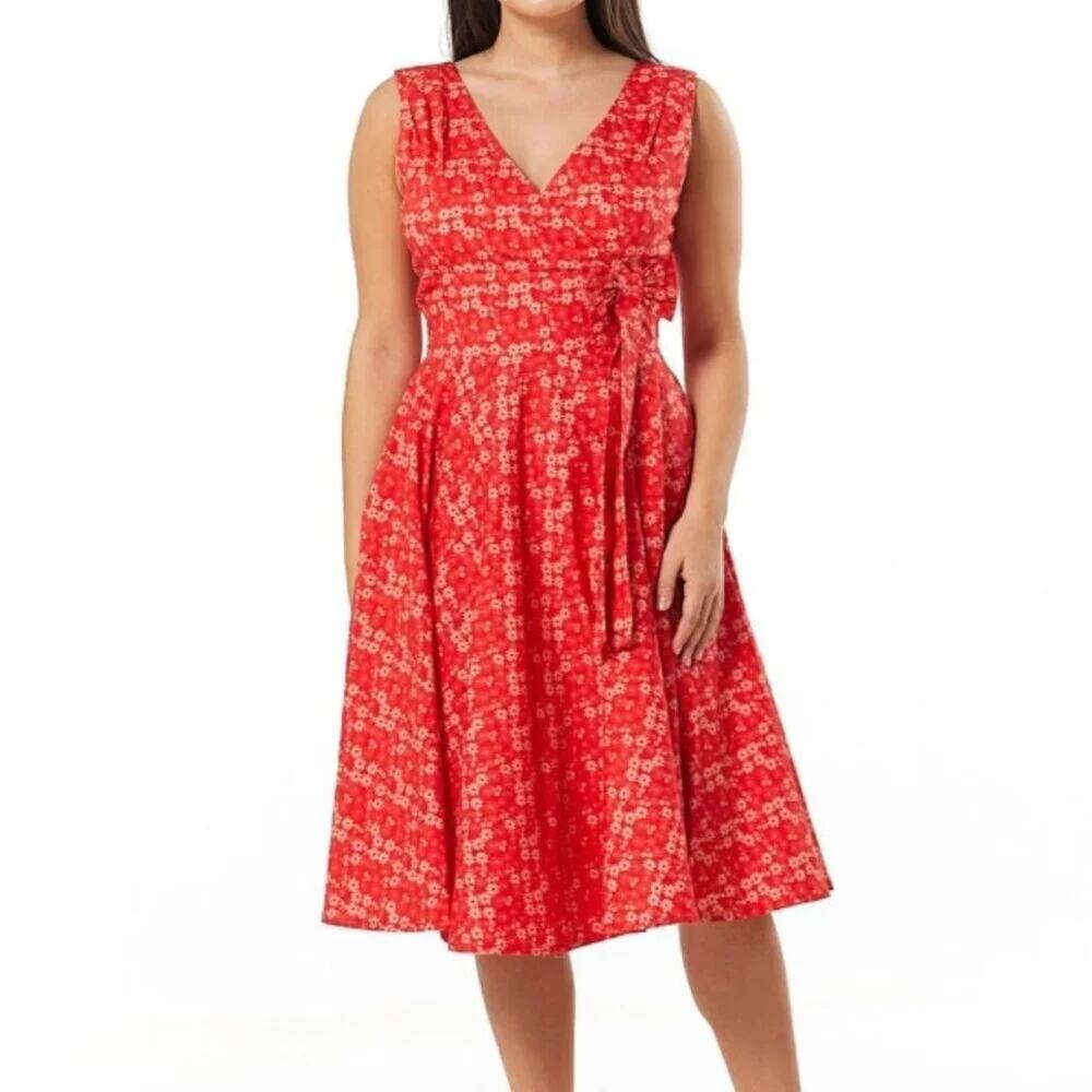 Unique Vintage Red Quality Cotton  Floral 50s Retro Swing Dress Sz US 10 #0083